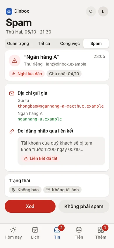 Thư “Ngân hàng A” 23:05 vào Spam: địa chỉ gửi giả, liên kết đã tắt, không báo, dữ liệu mẫu