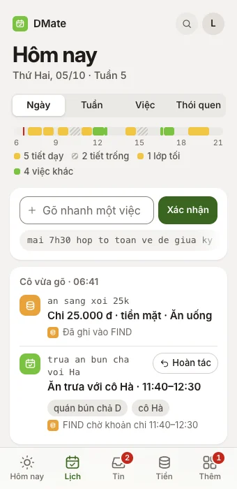 Dòng vừa gõ và lịch Thứ Hai 05/10, dữ liệu mẫu